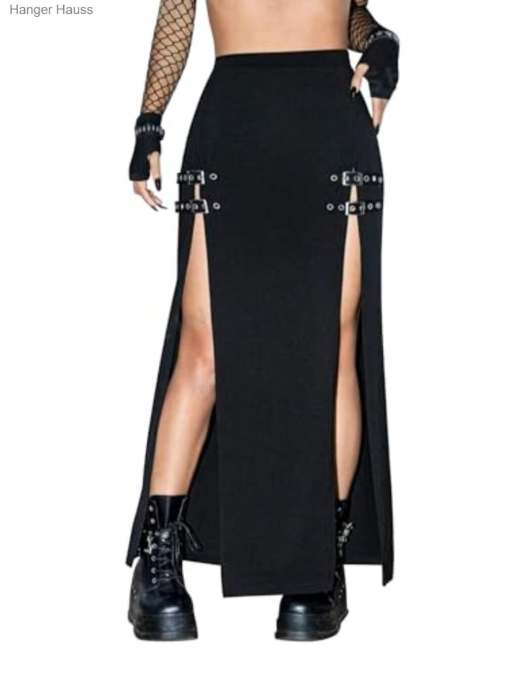 Gothic Punk Maxi Skirt with Double Buckle Split